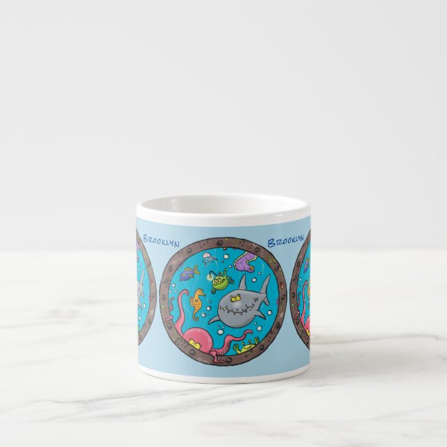 Funny sea creatures underwater cartoon drawing espresso cup (Front)