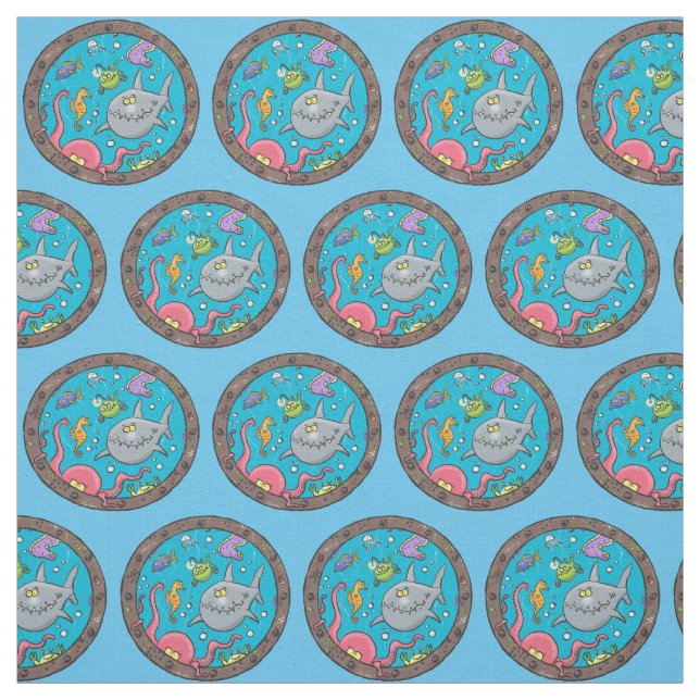 Funny sea creatures underwater cartoon drawing fabric (Swatch)