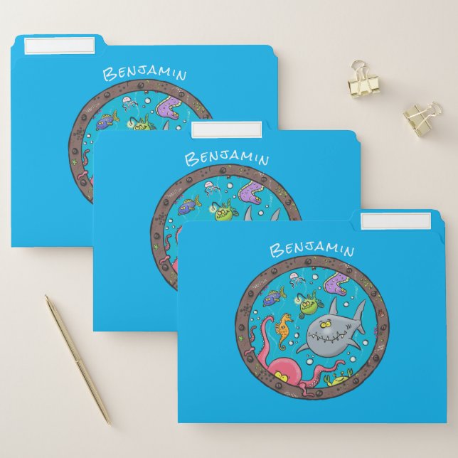 Funny sea creatures underwater cartoon drawing file folder (Set)