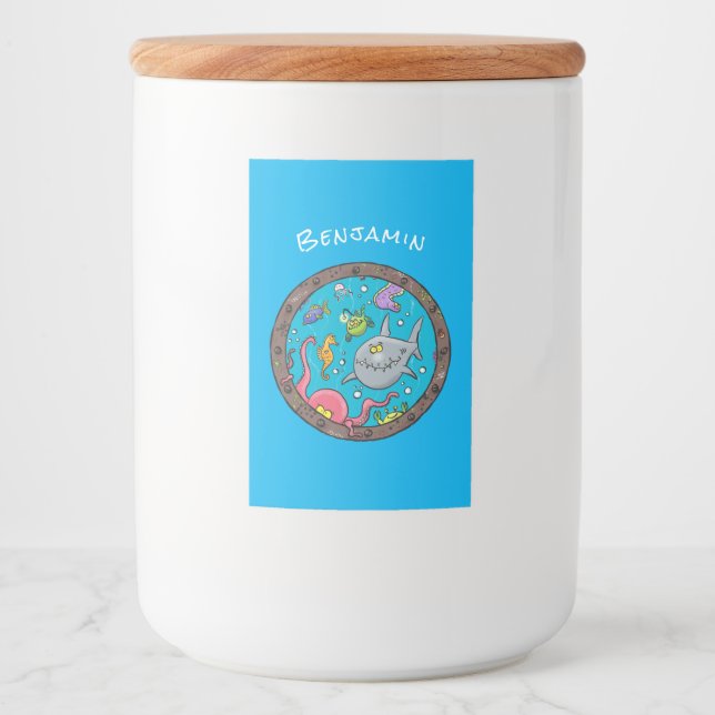 Funny sea creatures underwater cartoon drawing food label (Front)