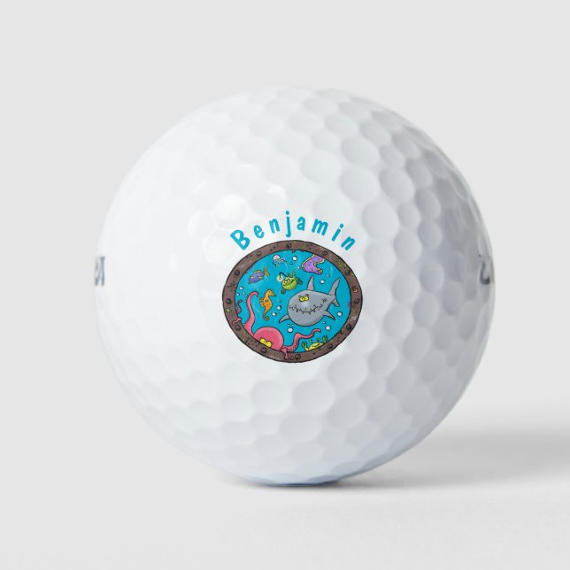 Funny sea creatures underwater cartoon drawing golf balls (Front)