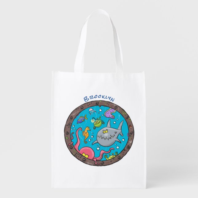 Funny sea creatures underwater cartoon drawing grocery bag (Front)