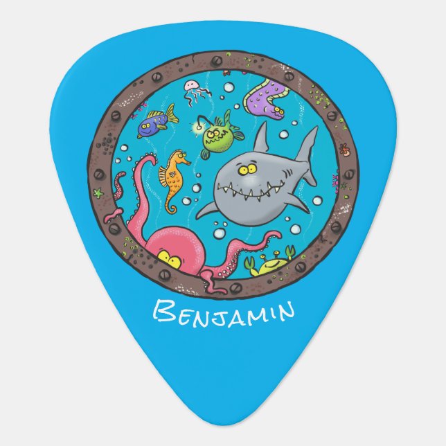 Funny sea creatures underwater cartoon drawing  guitar pick (Front)