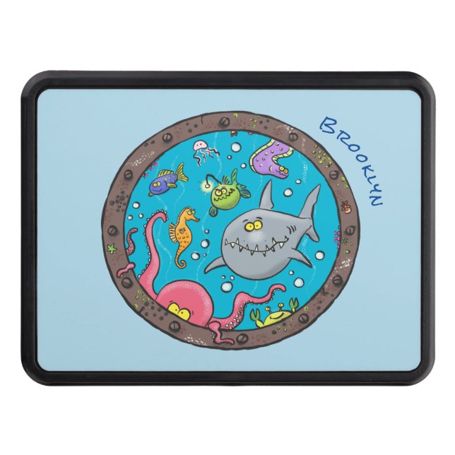 Funny sea creatures underwater cartoon drawing hitch cover (Front)