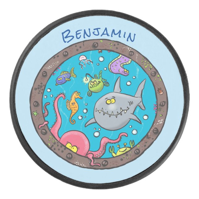 Funny sea creatures underwater cartoon drawing hockey puck (Front)