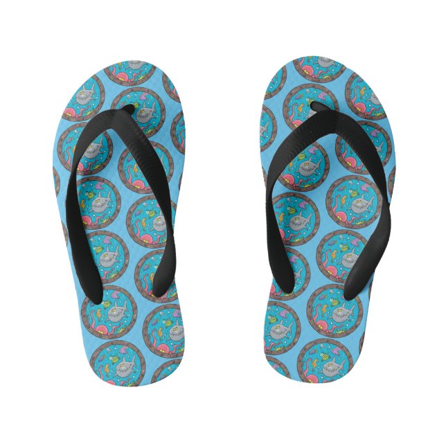 Funny sea creatures underwater cartoon drawing kid's flip flops (Footbed)