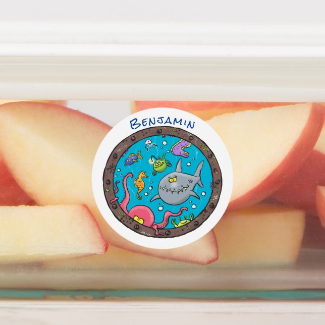 Funny sea creatures underwater cartoon drawing labels (Affixed)