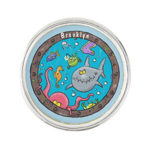 Funny sea creatures underwater cartoon drawing lapel pin