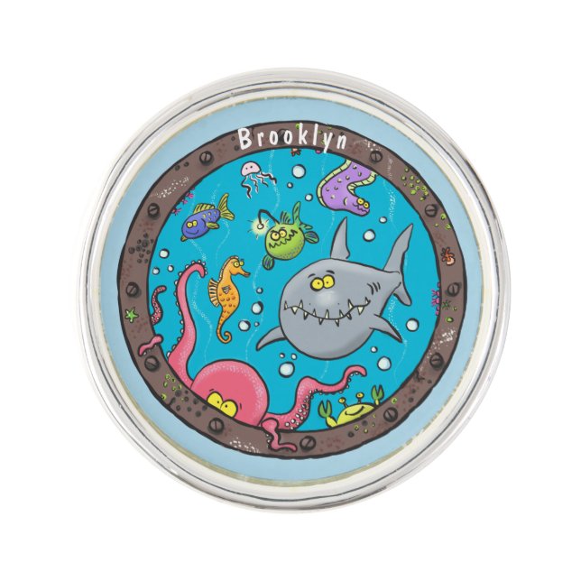 Funny sea creatures underwater cartoon drawing lapel pin (Front)