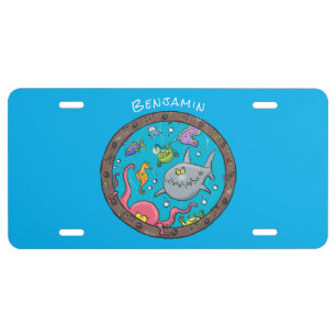 Funny sea creatures underwater cartoon drawing license plate