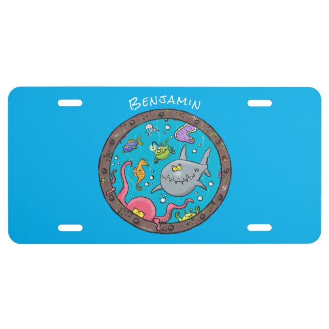 Funny sea creatures underwater cartoon drawing  license plate (Front)