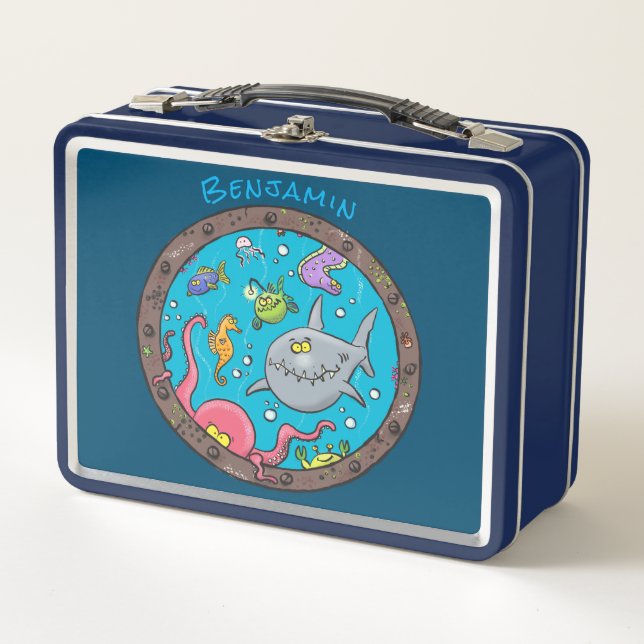 Funny sea creatures underwater cartoon drawing metal lunch box (Front)