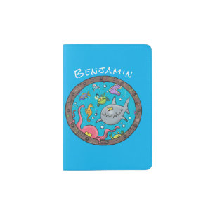 Funny sea creatures underwater cartoon drawing passport holder