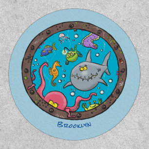 Funny sea creatures underwater cartoon drawing patch