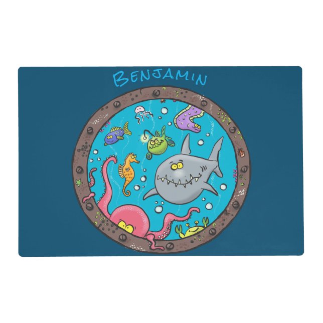 Funny sea creatures underwater cartoon drawing placemat (Front)