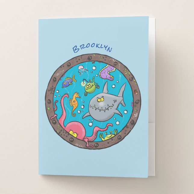 Funny sea creatures underwater cartoon drawing pocket folder (Front)
