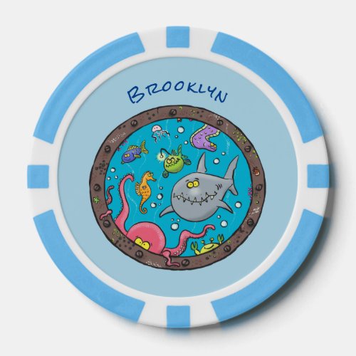 Funny sea creatures underwater cartoon drawing poker chips