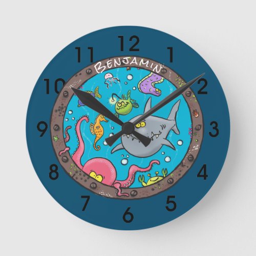 Funny sea creatures underwater cartoon drawing round clock