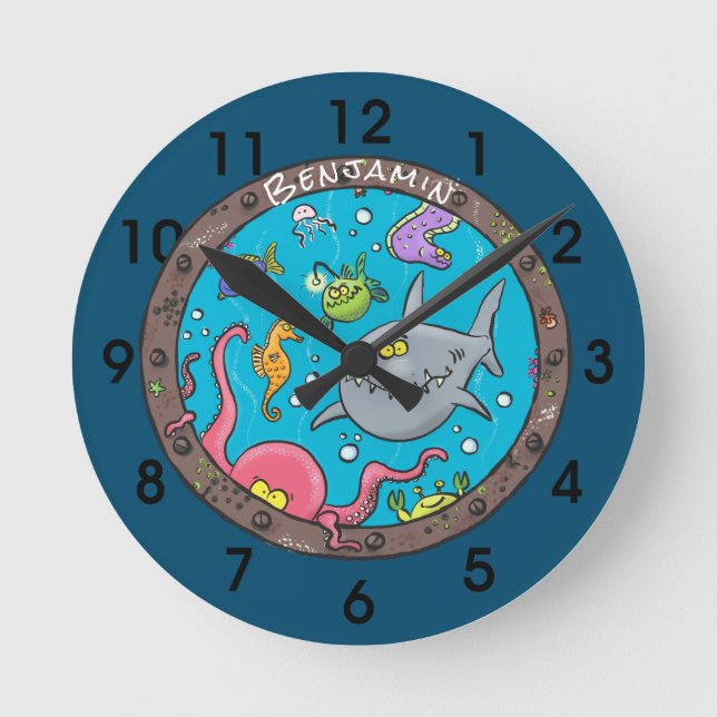 Funny sea creatures underwater cartoon drawing round clock (Front)