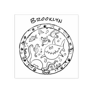 Funny sea creatures underwater cartoon drawing rubber stamp