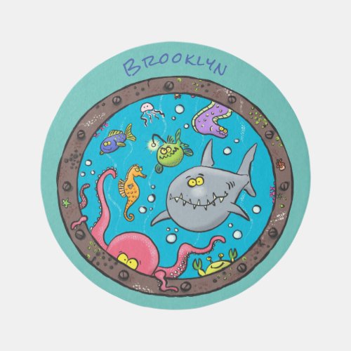 Funny sea creatures underwater cartoon drawing rug