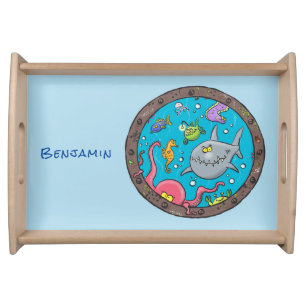 Funny sea creatures underwater cartoon drawing serving tray