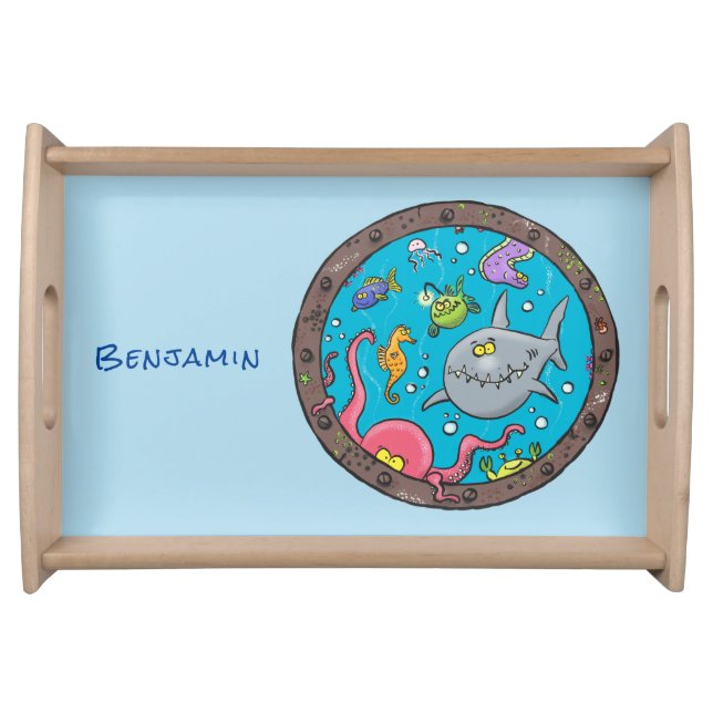 Funny sea creatures underwater cartoon drawing serving tray (Front)