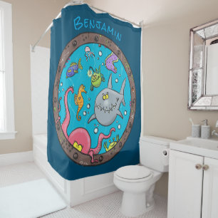 Funny sea creatures underwater cartoon drawing shower curtain
