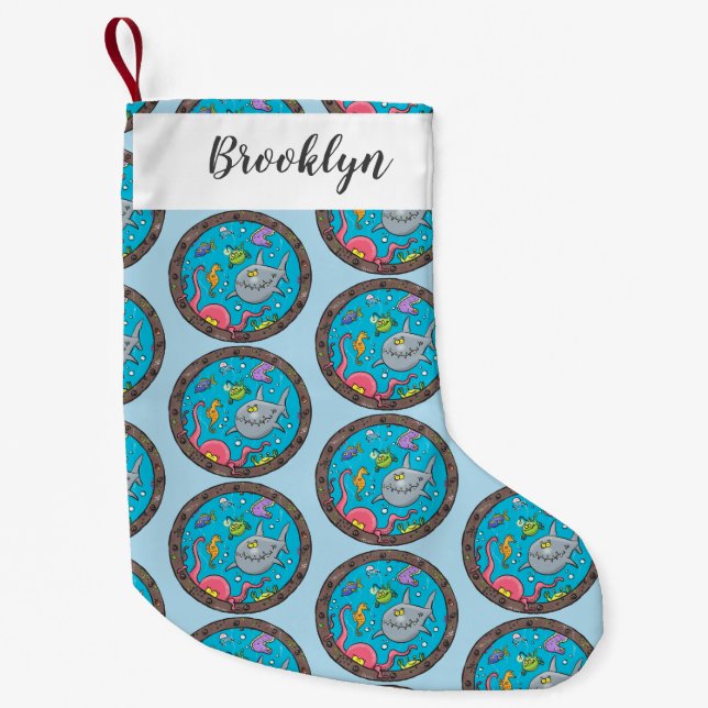 Funny sea creatures underwater cartoon drawing small christmas stocking (Front)