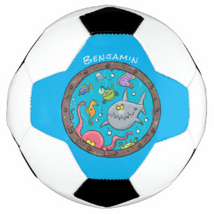 Funny sea creatures underwater cartoon drawing soccer ball