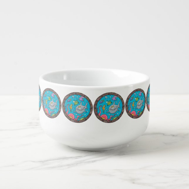 Funny sea creatures underwater cartoon drawing soup mug (Front)