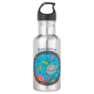 Funny sea creatures underwater cartoon drawing stainless steel water bottle