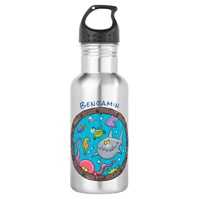 Funny sea creatures underwater cartoon drawing stainless steel water bottle (Front)