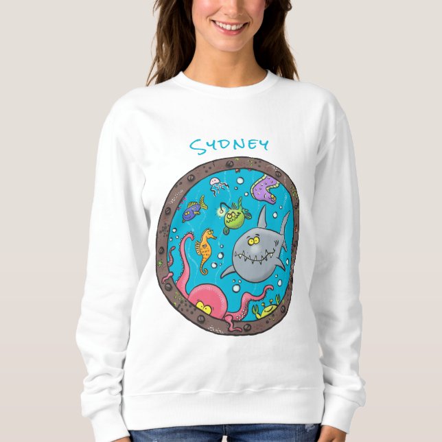 Funny sea creatures underwater cartoon drawing sweatshirt (Front)
