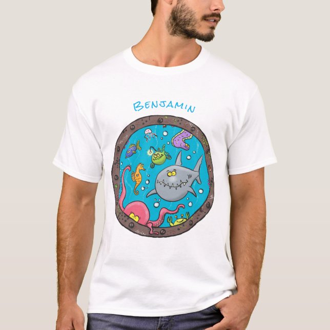 Funny sea creatures underwater cartoon drawing T-Shirt (Front)