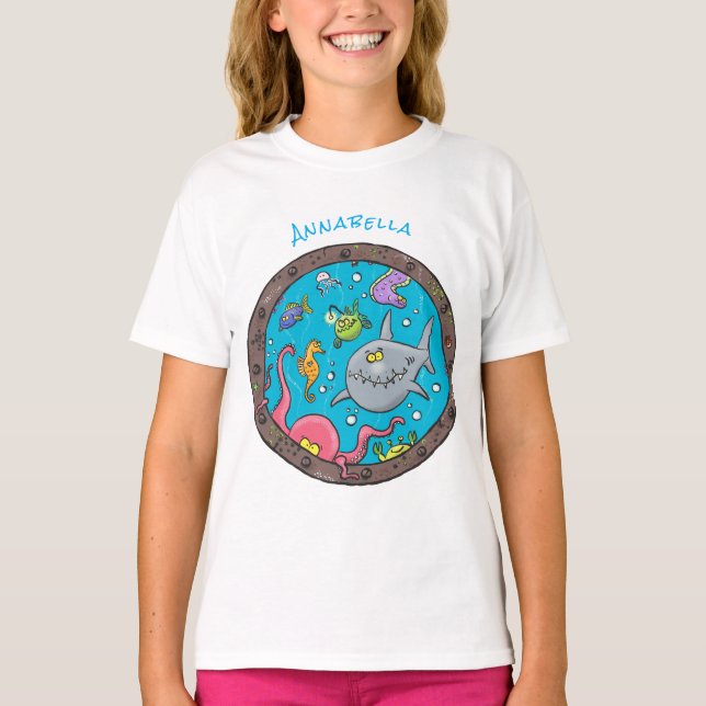 Funny sea creatures underwater cartoon drawing T-Shirt (Front)