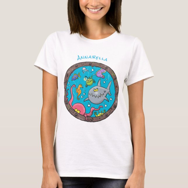 Funny sea creatures underwater cartoon drawing T-Shirt (Front)