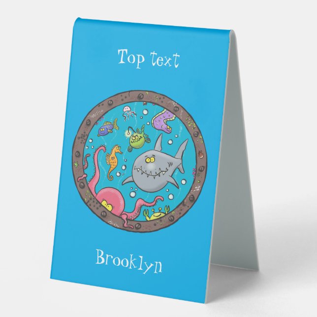 Funny sea creatures underwater cartoon drawing table tent (Front)