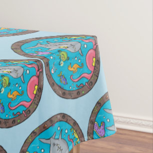 Funny sea creatures underwater cartoon drawing tablecloth