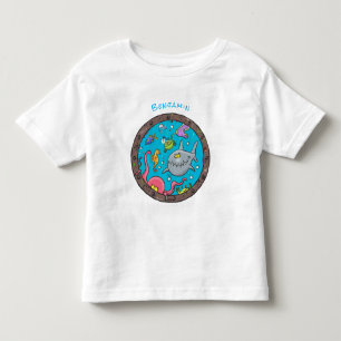 Funny sea creatures underwater cartoon drawing toddler t-shirt