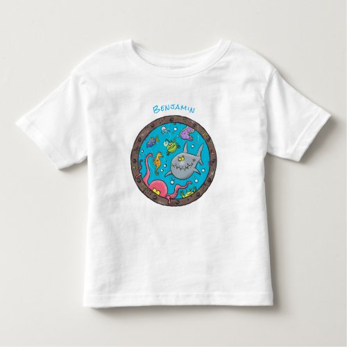 Funny sea creatures underwater cartoon drawing toddler t_shirt