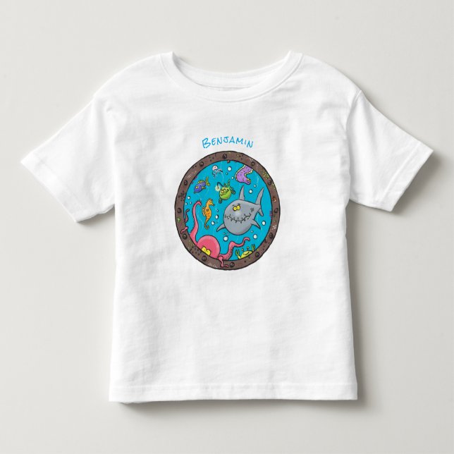Funny sea creatures underwater cartoon drawing toddler t-shirt (Front)