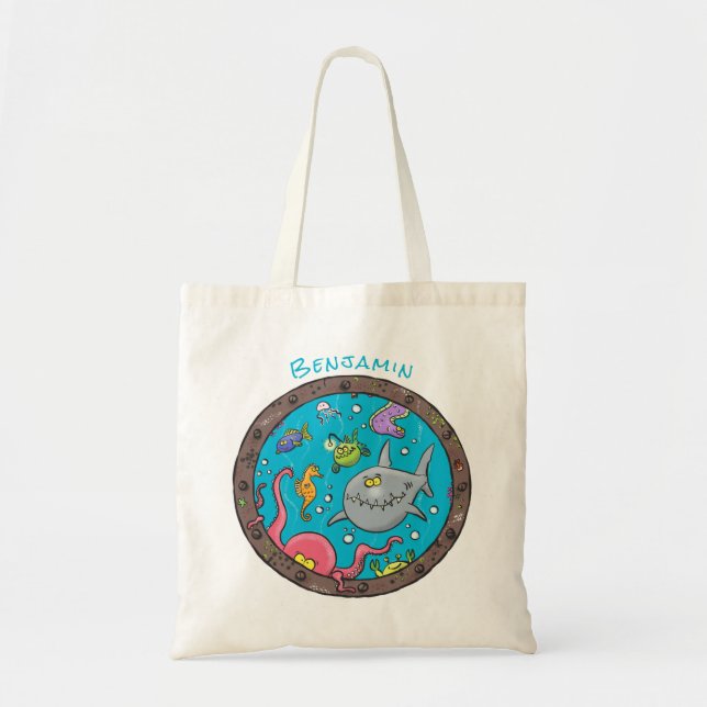 Funny sea creatures underwater cartoon drawing tote bag (Front)