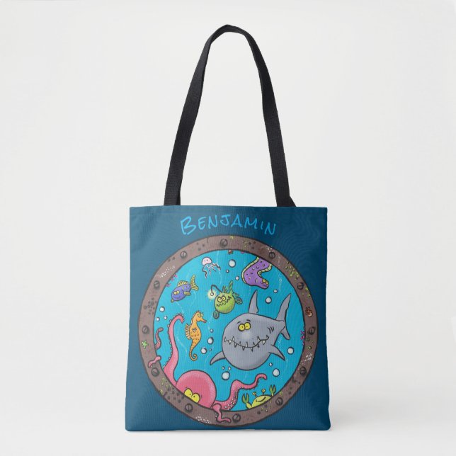 Funny sea creatures underwater cartoon drawing tote bag (Front)