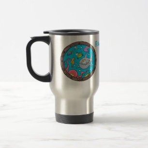 Funny sea creatures underwater cartoon drawing travel mug