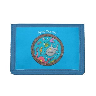 Funny sea creatures underwater cartoon drawing tri-fold wallet