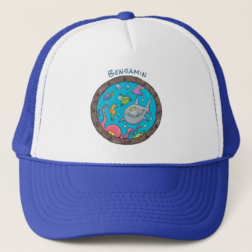 Funny sea creatures underwater cartoon drawing trucker hat