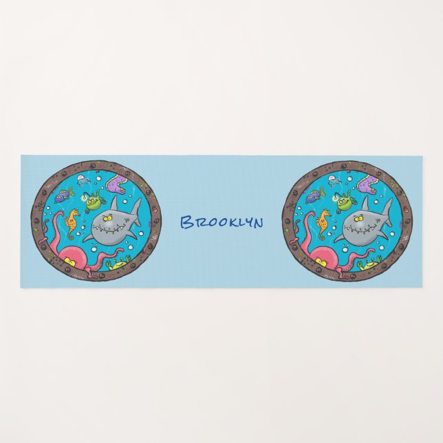 Funny sea creatures underwater cartoon drawing yoga mat (Front (Horizontal))