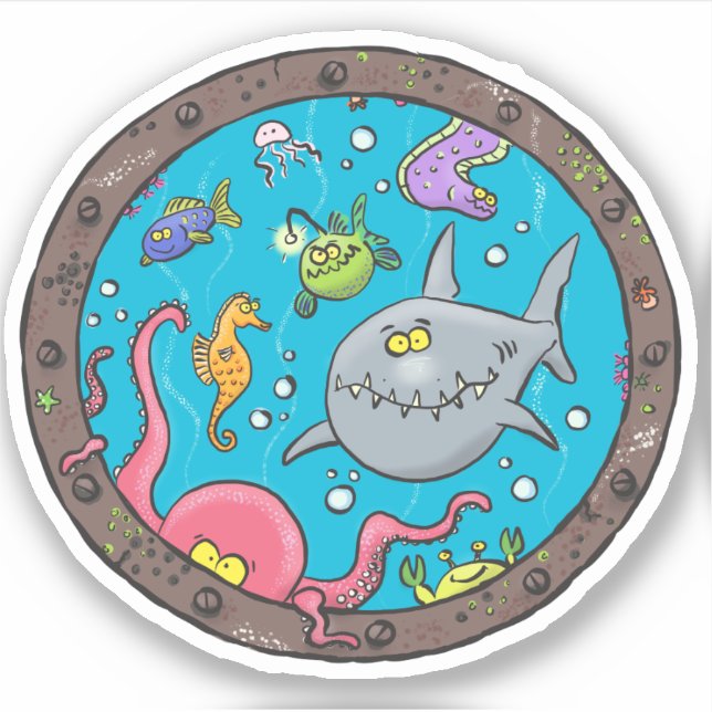 Funny sea creatures underwater cartoon sticker (Front)