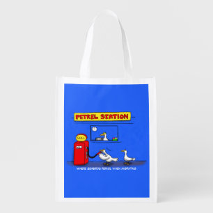 Funny sea gulls petrel cartoon humor grocery bag